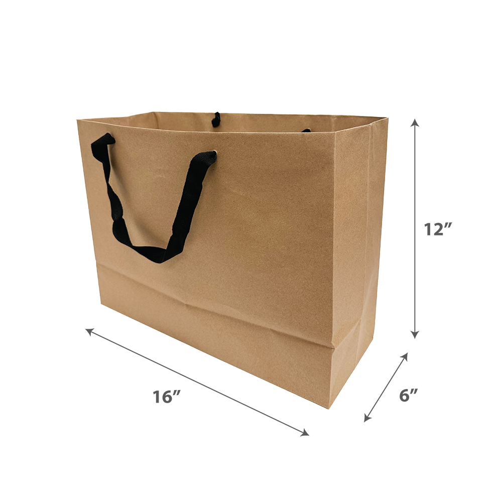 Kraft brown paper shopping bag with black rope handles. Dimensions are 16 inches wide, 12 inches tall, and 6 inches deep.