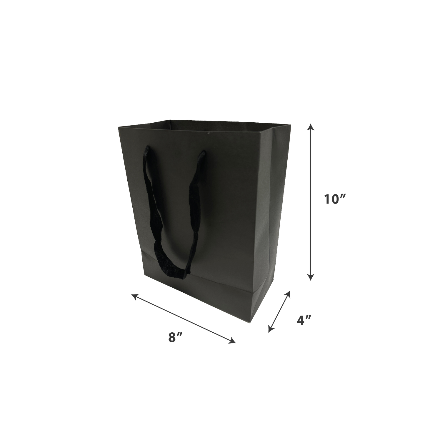 Matte black gift bag with soft black rope handles, sized 10" x 8" x 4".