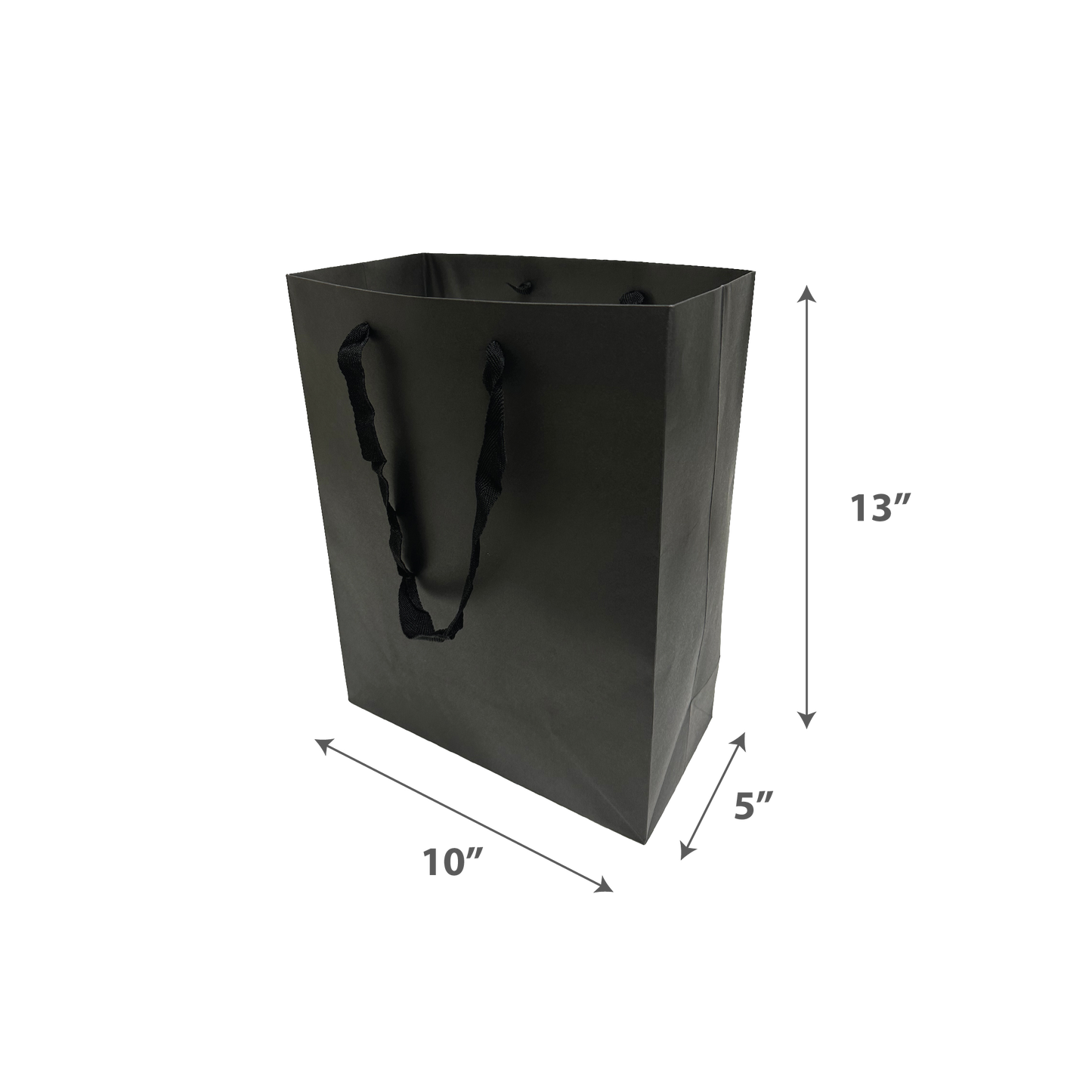 Black paper shopping bag with black rope handles, displayed on a transparent background. The bag dimensions are labeled as 13 inches high, 10 inches wide, and 5 inches deep.