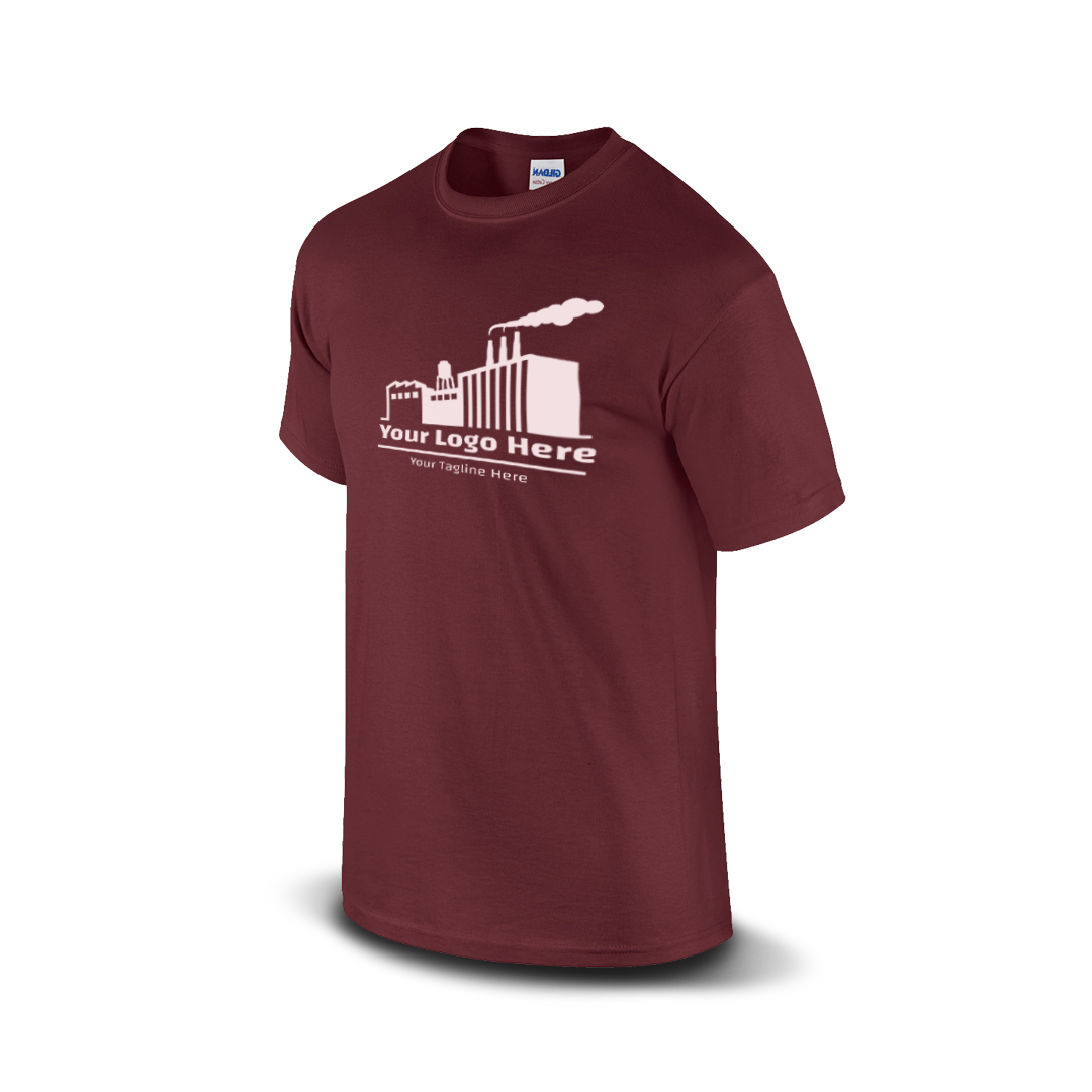Maroon short-sleeve t-shirt with a white industrial factory logo and customizable tagline.