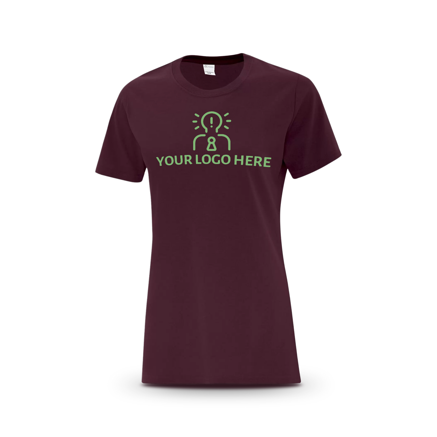 Maroon women’s T-shirt featuring a magenta placeholder logo
