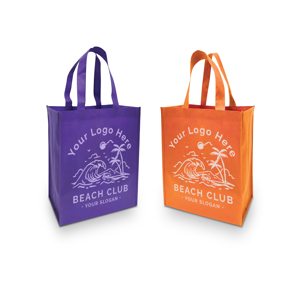 Custom purple and orange reusable tote bags with beach-themed logo.