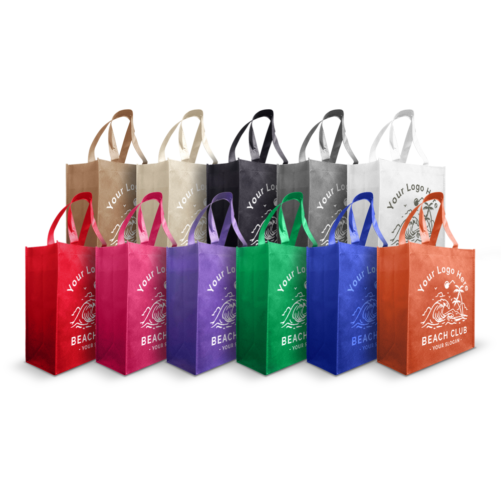 Multicolor reusable tote bags with custom beach-themed logo.