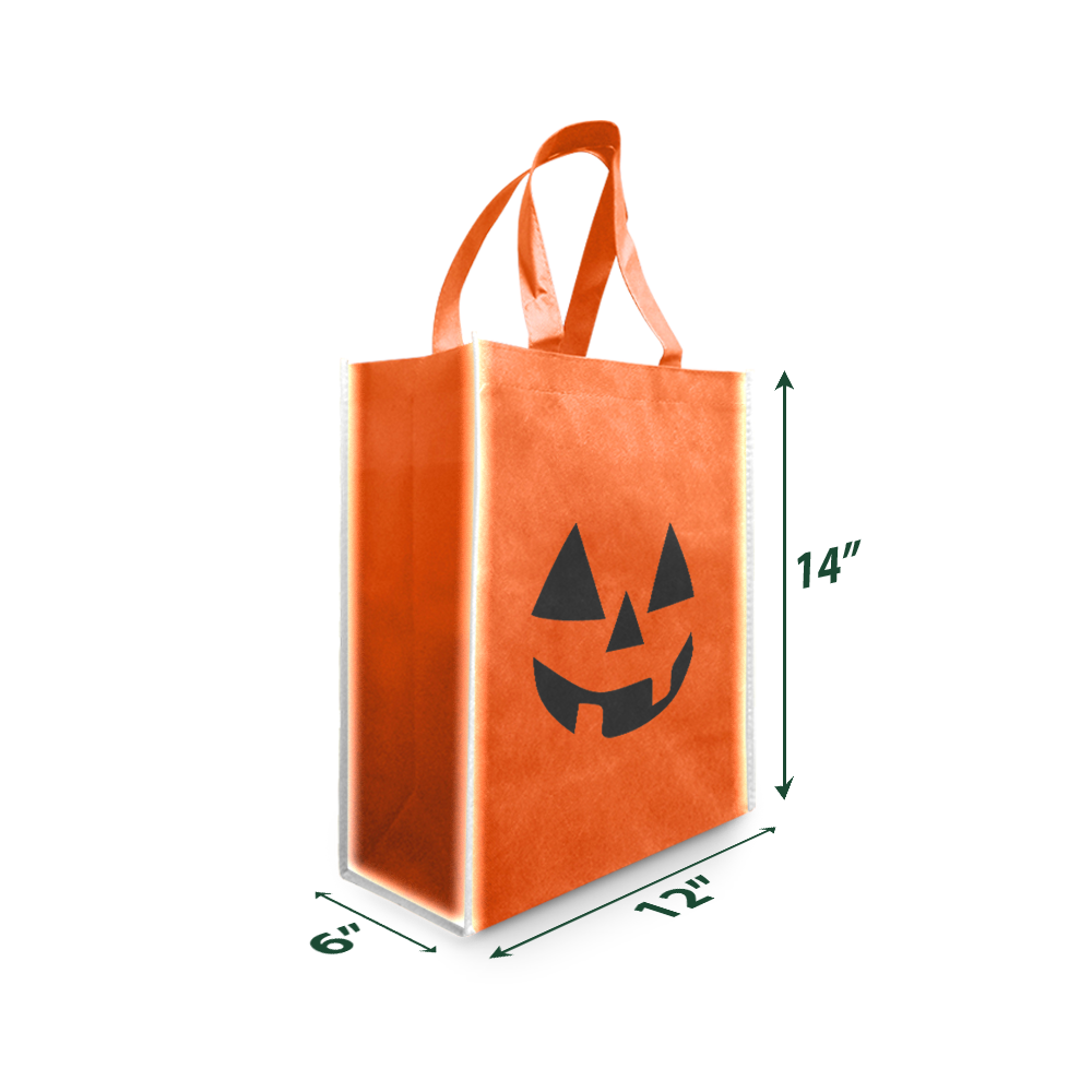 Orange Halloween tote bag with reflective edges, jack-o'-lantern print, and sturdy handles. Sized 13"x14"x7"