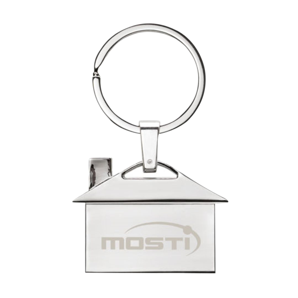 Sleek metal house-shaped key ring with a silver finish and engraved logo, shown on a transparent background.