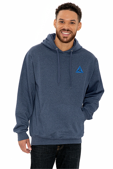Man wearing a dark heather fleece hooded sweatshirt with a blue triangle logo on the left chest, featuring front pouch pocket and drawstrings.