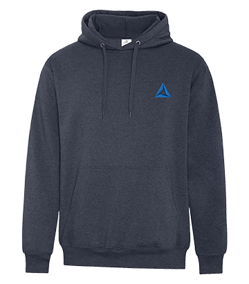 ATC Earth Wash Tourbillon fleece hooded sweatshirt in navy blue, featuring a front kangaroo pocket, drawstring hood, and a blue triangle logo on the left chest