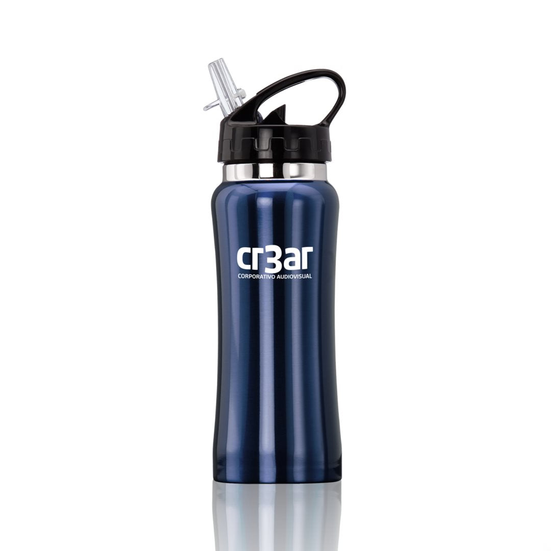 Blue stainless steel sports water bottle with a black lid and clear spout, featuring an white logo on the front