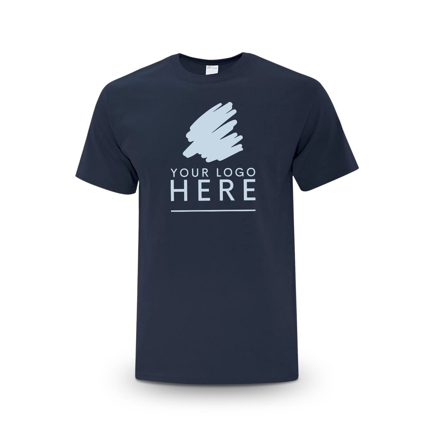 Navy blue unisex Everyday Cotton Tee with a logo placeholder.