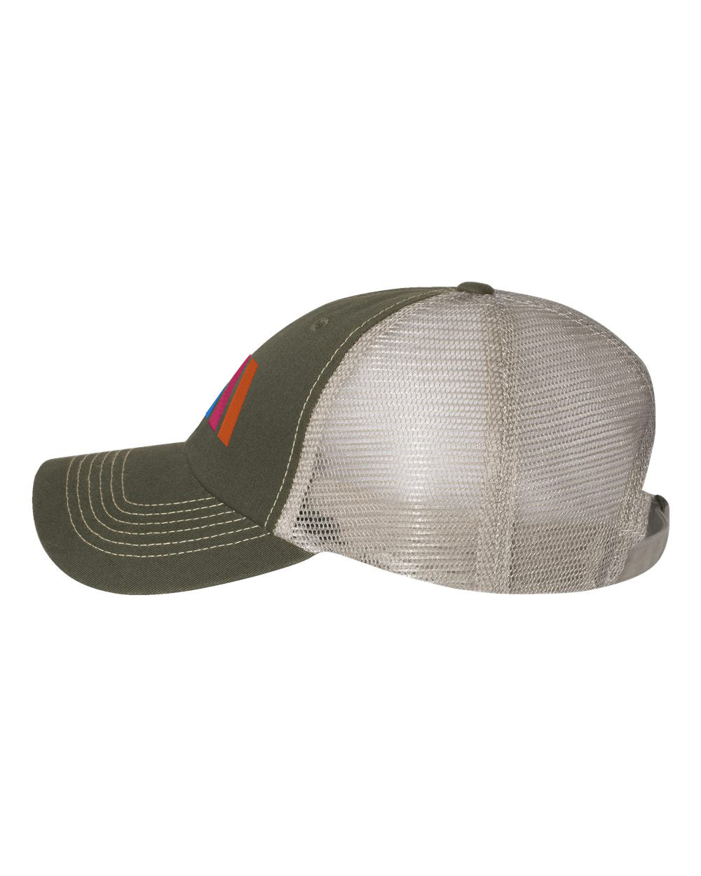 Side view of an olive green cap with contrast stitching and a beige mesh back panel.