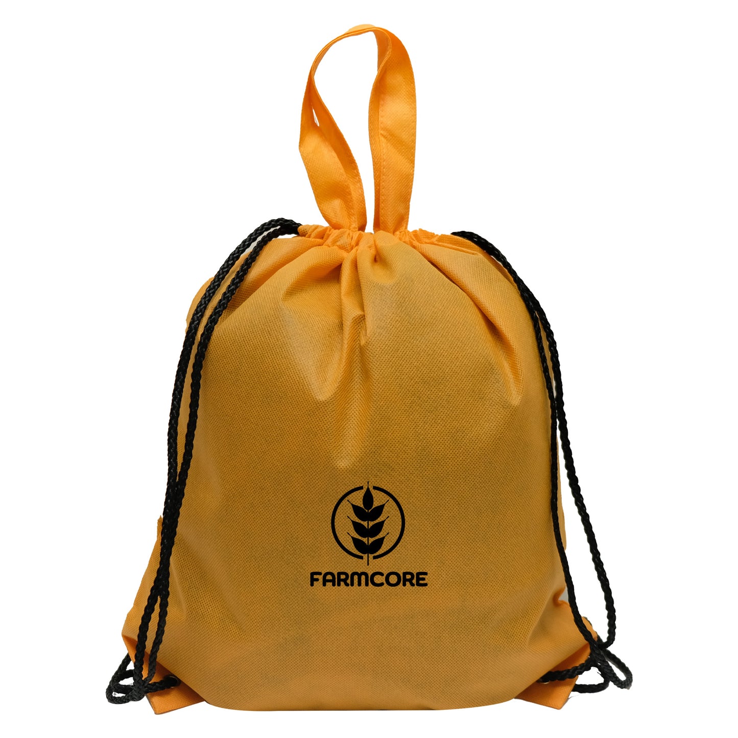 Orange drawstring backpack with black cords and a top carry handle, featuring a black logo with a stylized wheat emblem on the front.