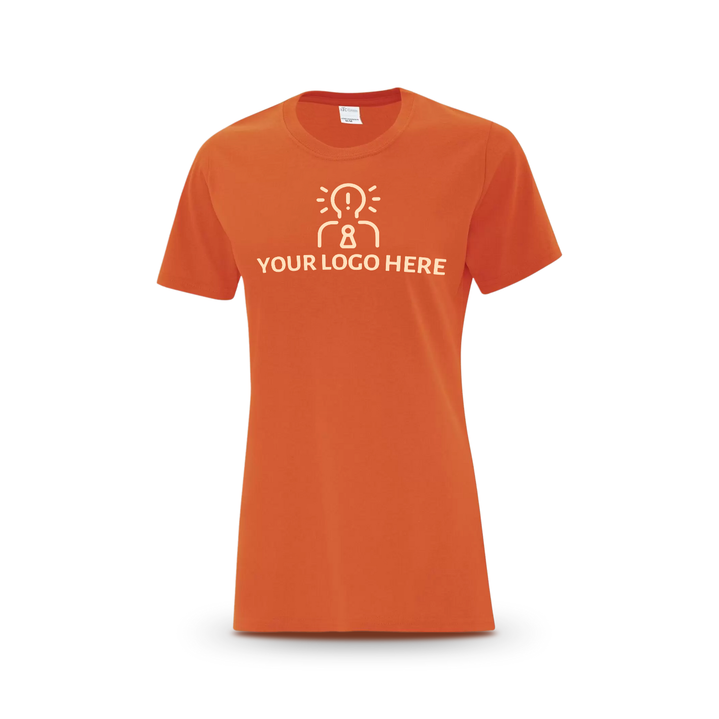 Orange women’s T-shirt featuring a magenta placeholder logo