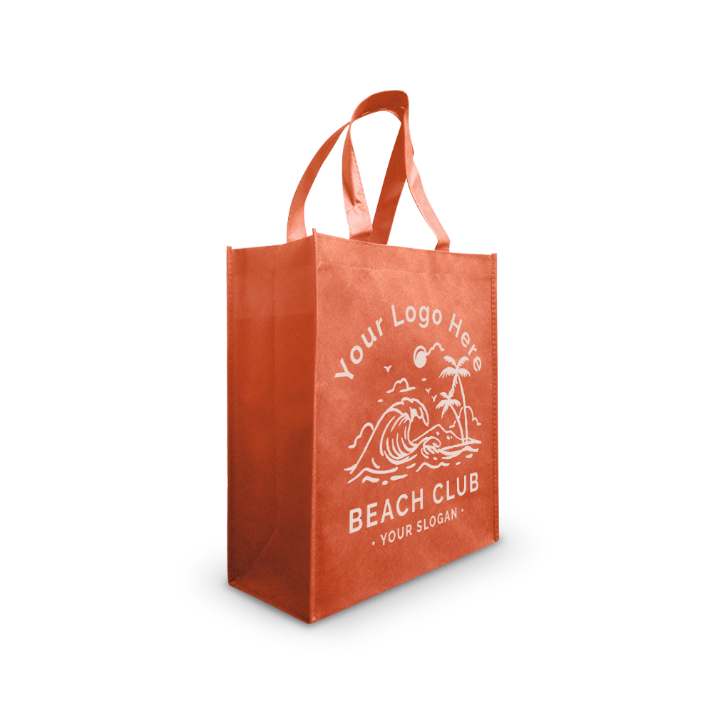 Orange reusable tote bag with beach-themed custom logo design.