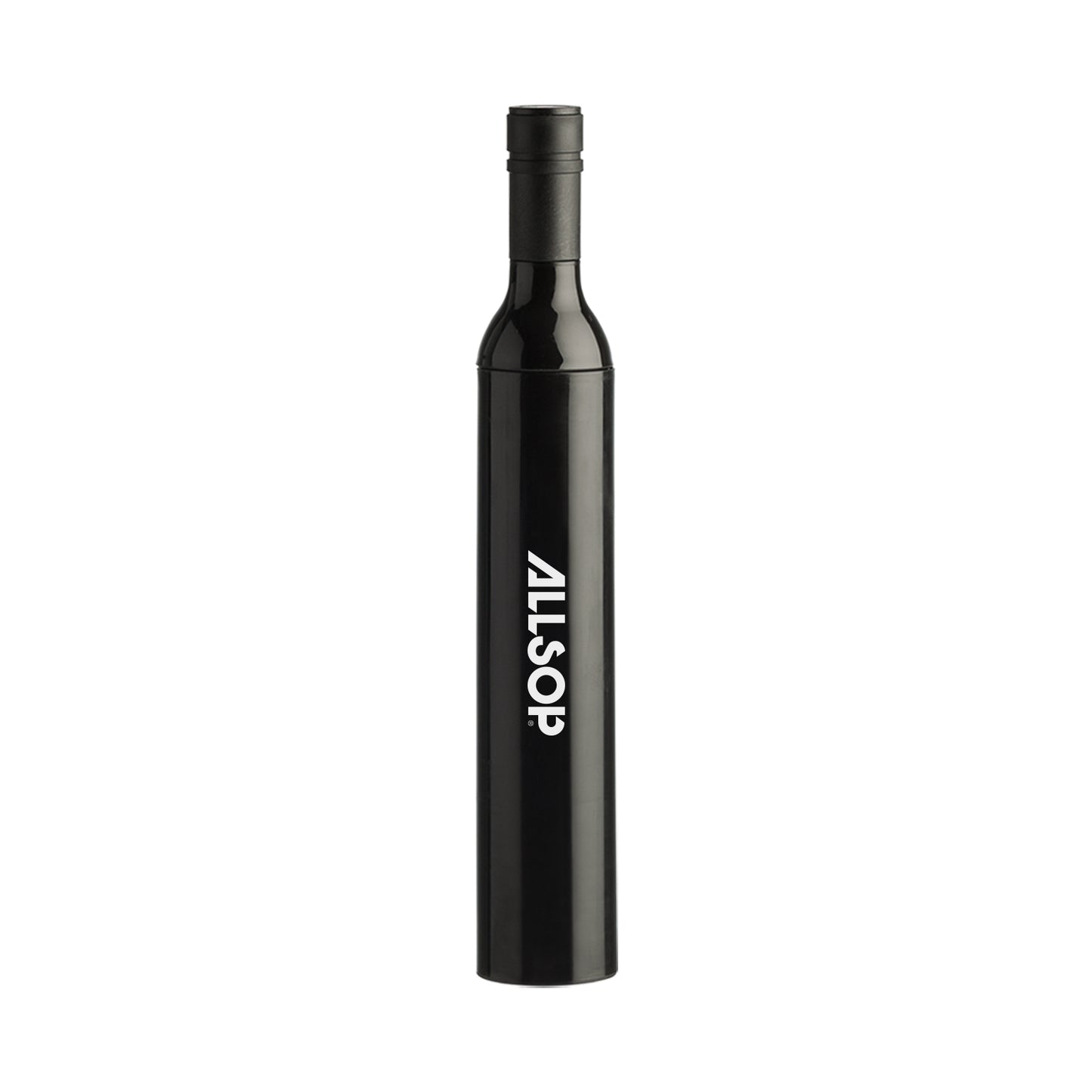 Black Parisian-style bottle umbrella with custom logo printed vertically on the front, designed to mimic the shape of a wine bottle.