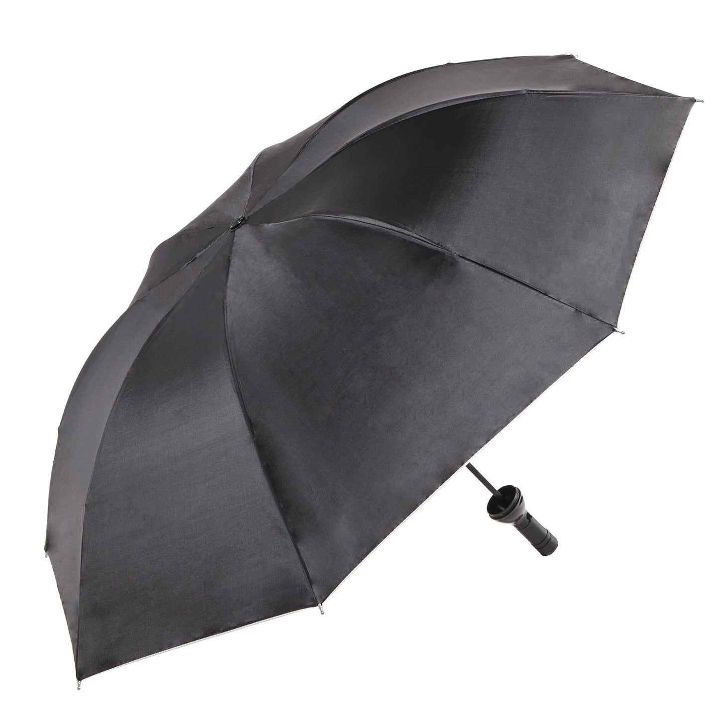 Open Parisian-style bottle umbrella with a sleek black exterior canopy and a wine bottle-shaped handle.