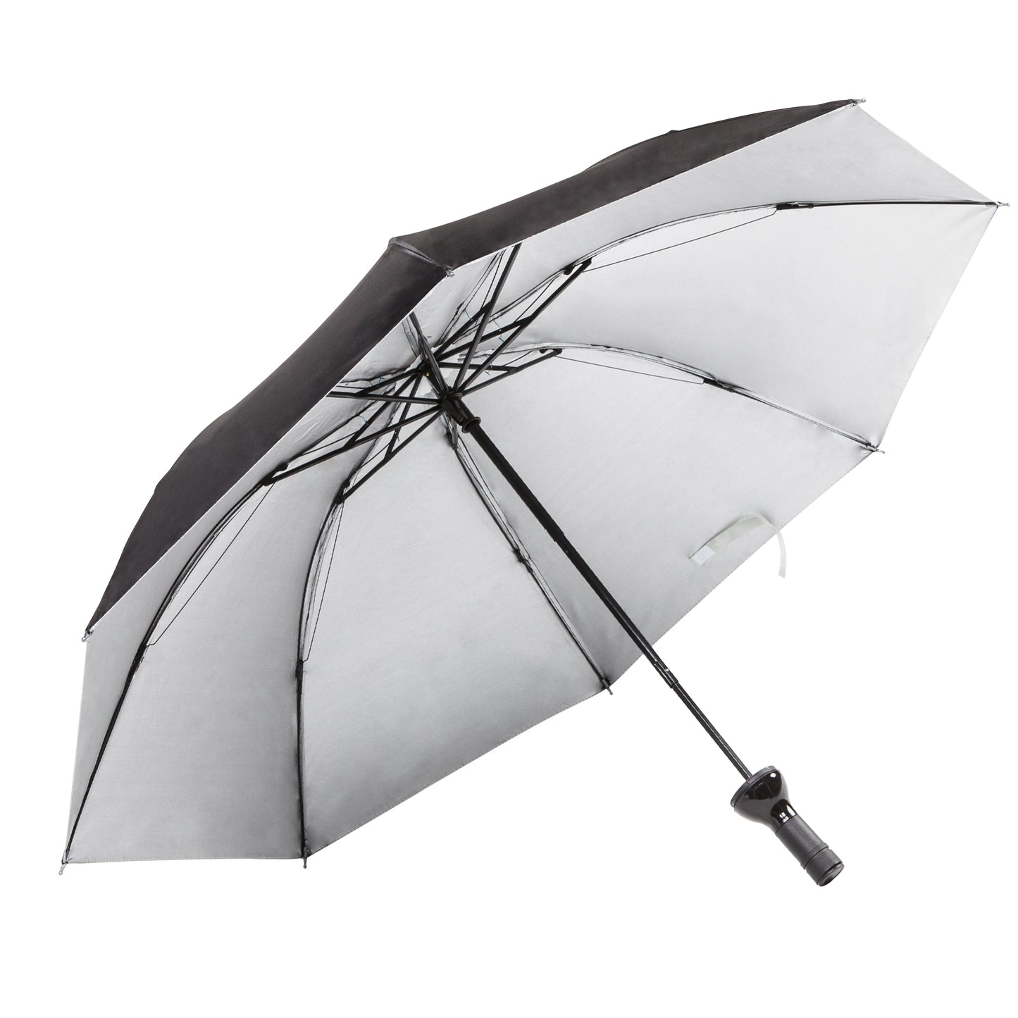 Open Parisian-style bottle umbrella with a black outer canopy and silver interior lining, featuring a wine bottle-shaped handle and metal support ribs.