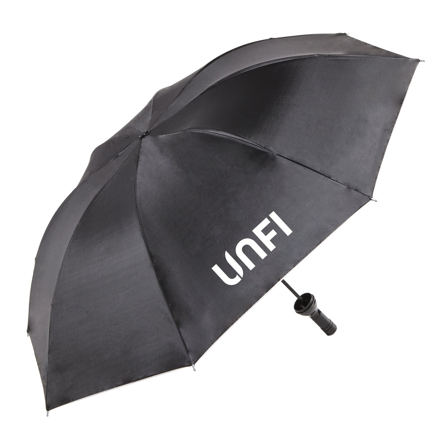 Open black Parisian-style bottle umbrella with custom logo printed on the canopy and a wine bottle-shaped handle.