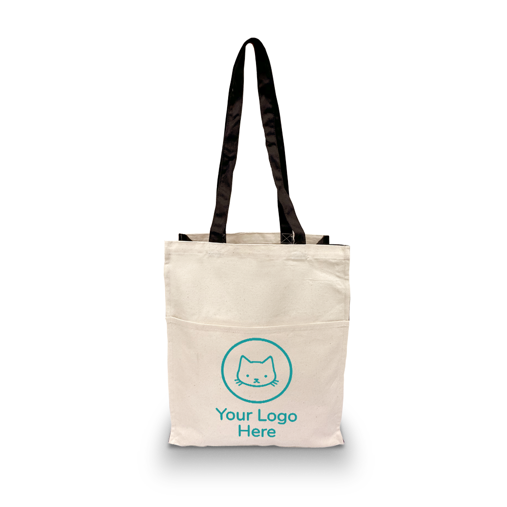 Tall canvas tote bag with black shoulder straps, front pocket, and custom cat logo design.