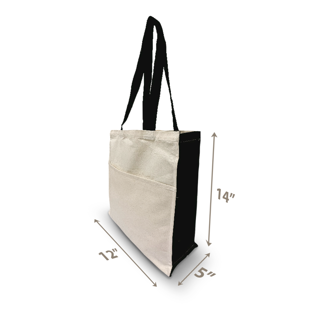 Side view of canvas tote bag with black straps and side panels, 12”W x 5”D x 14”H, with front pocket