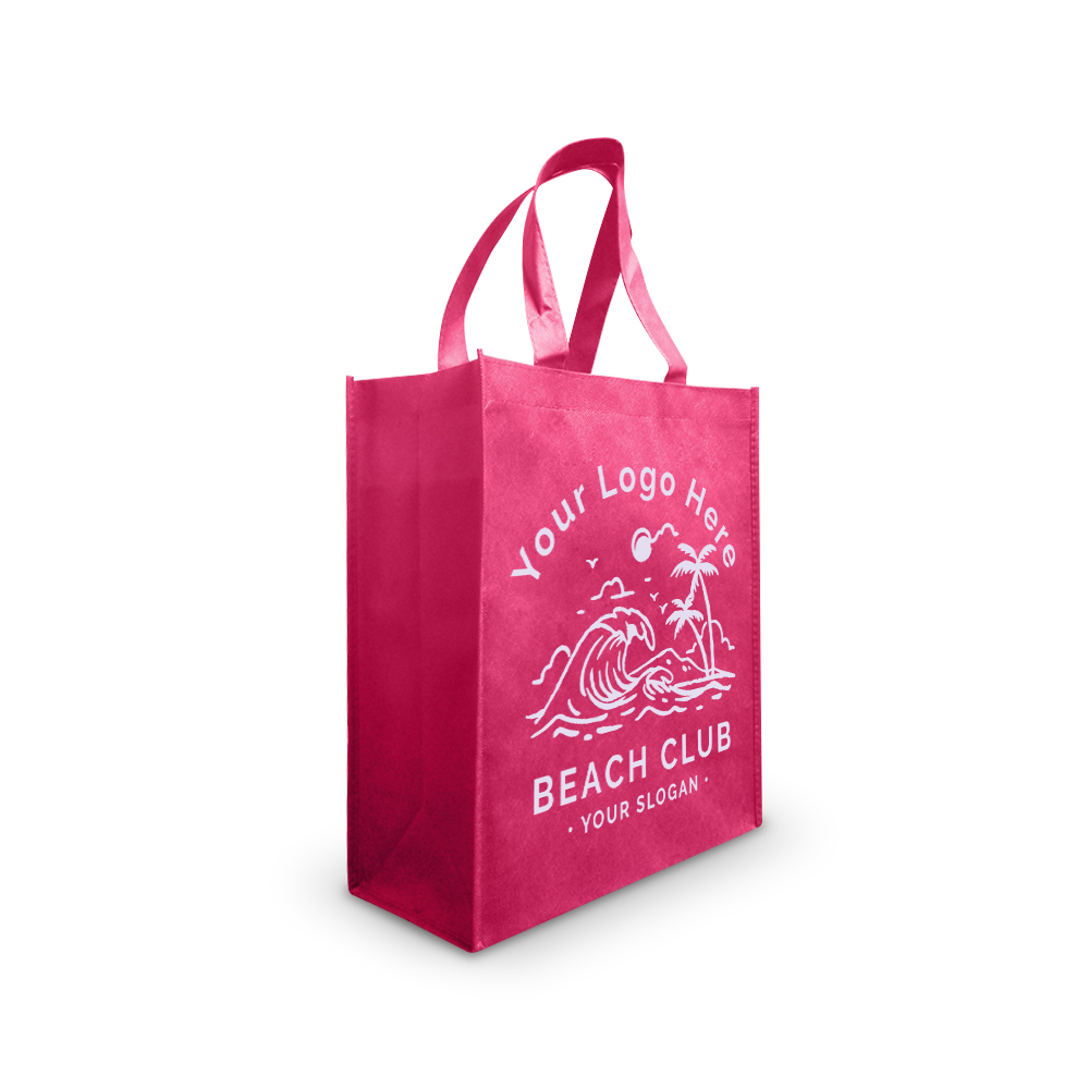 Pink reusable tote bag with beach-themed custom logo design.