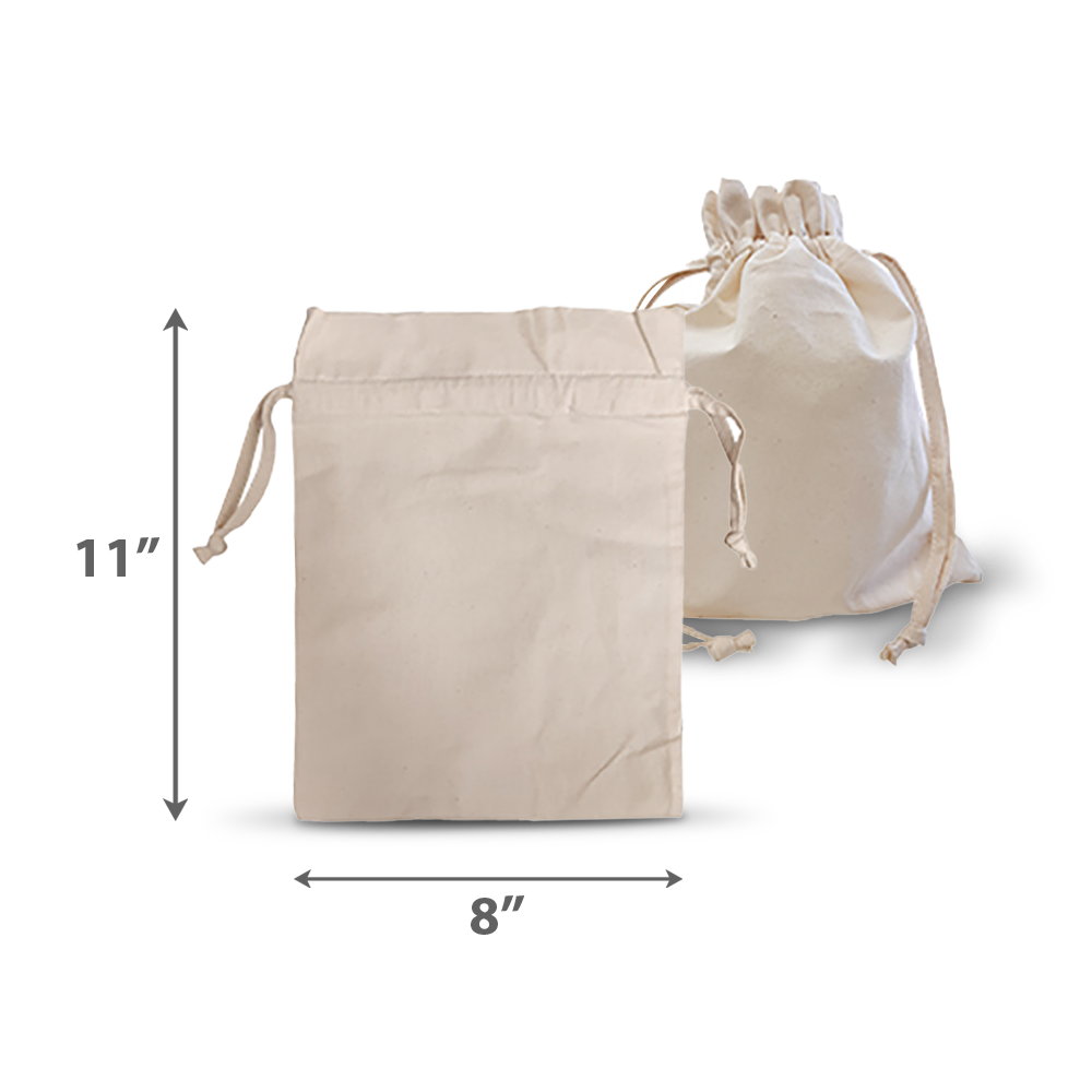 Plain 5oz canvas drawstring bag, measuring 8”W x 11”H, shown flat and cinched.