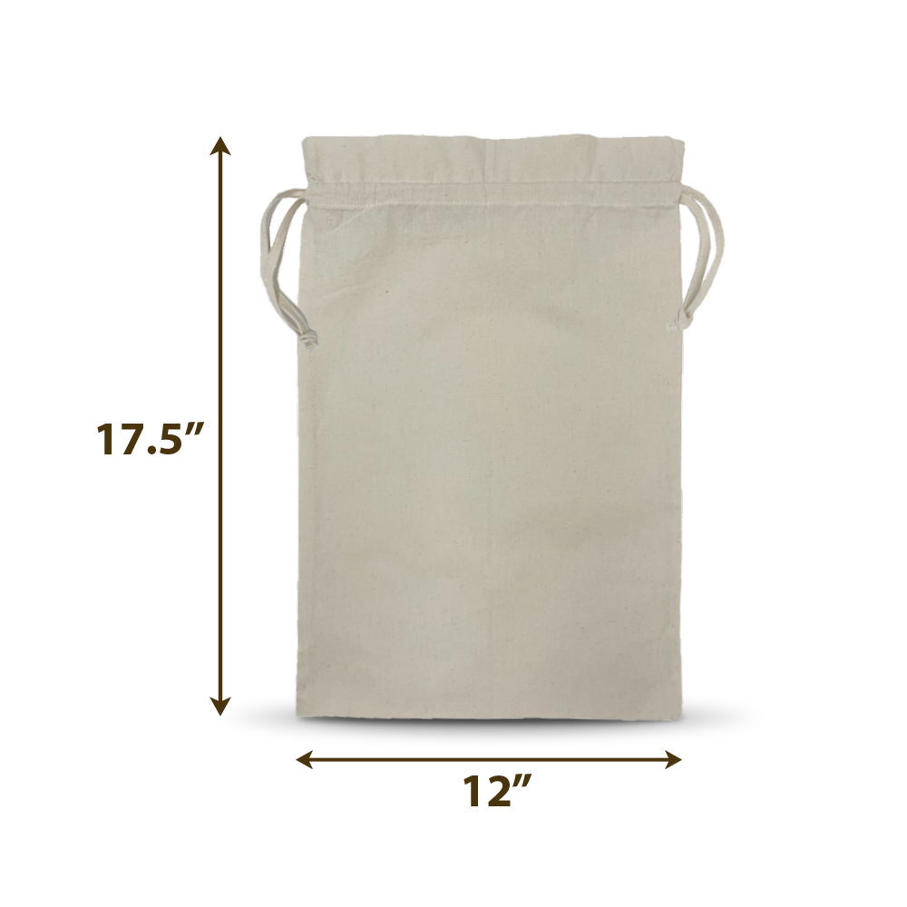 Plain canvas drawstring bag measuring 12” wide by 17.5” high.