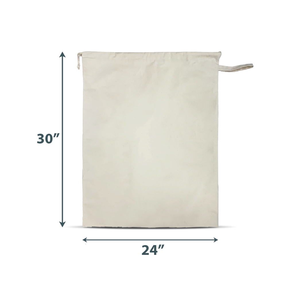 Plain canvas drawstring bag measuring 24” wide by 30” high.