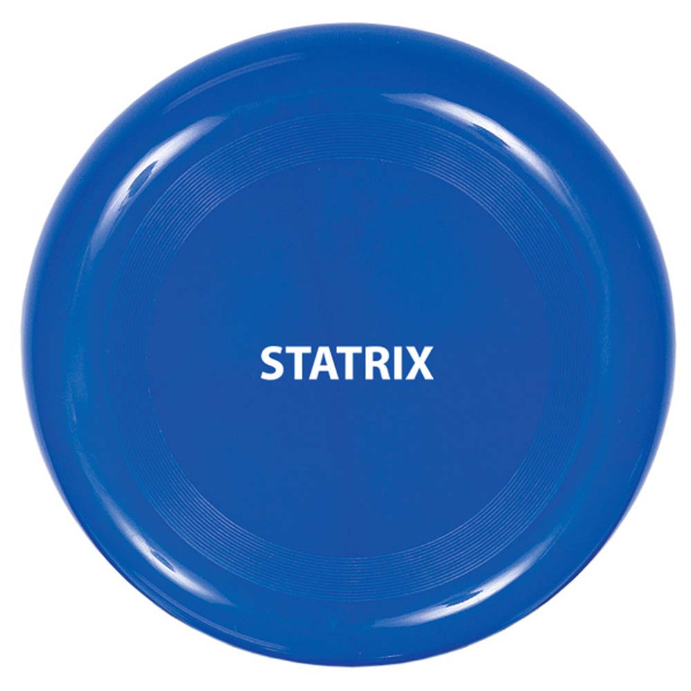 A blue plastic flying disc featuring a customized white logo