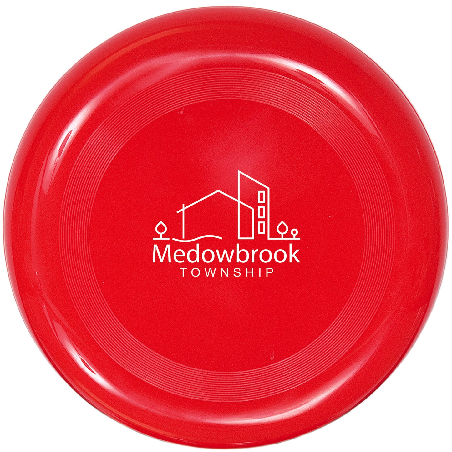 A red plastic flying disc featuring a customized white logo