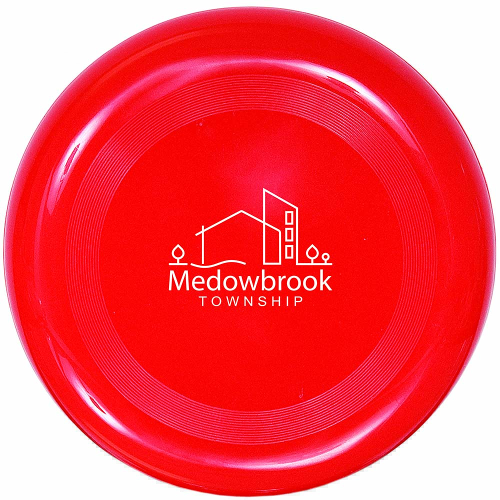 A red plastic flying disc featuring a customized white logo