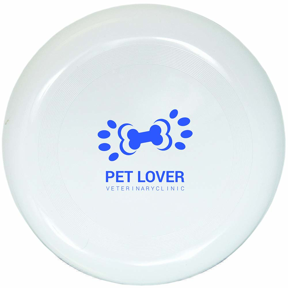 A white plastic flying disc featuring a customized blue logo