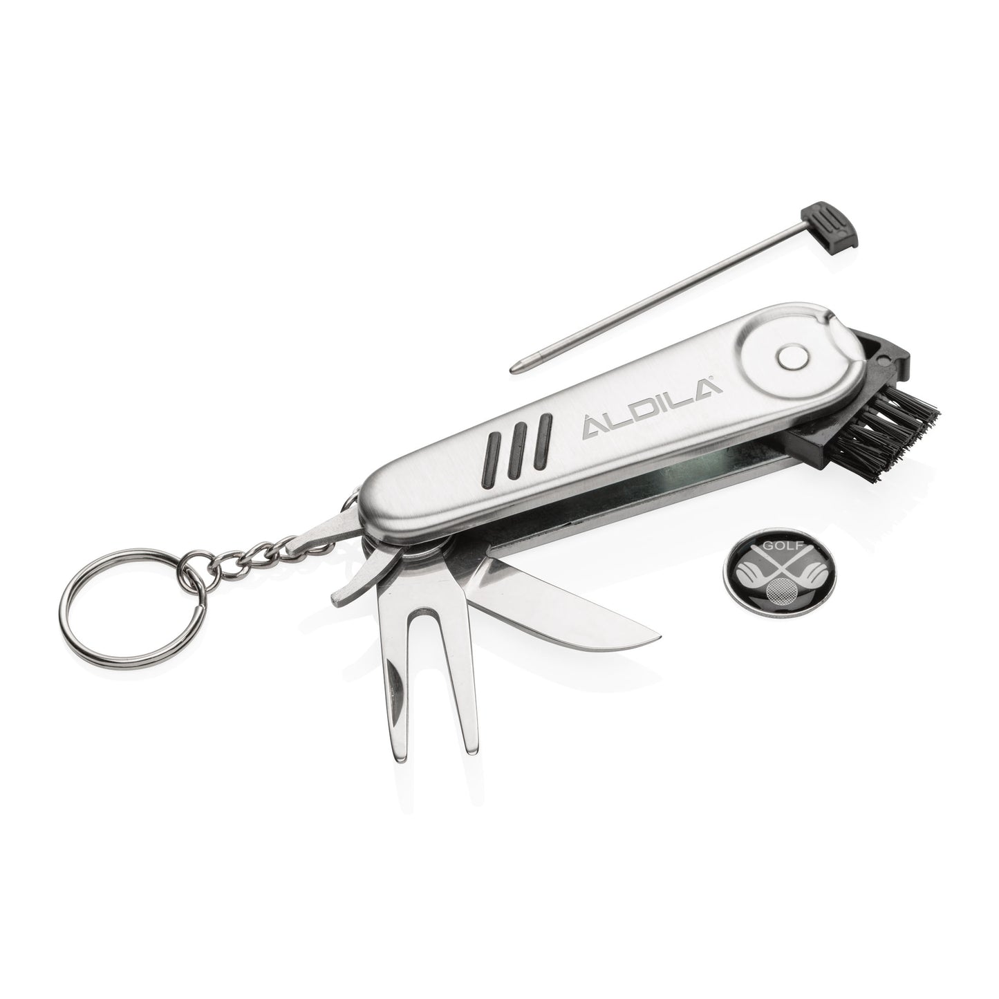 Multi-tool golf accessory with “ALDILA” branding, featuring a knife, divot tool, brush, tee punch, and ball marker, attached to a keychain ring.