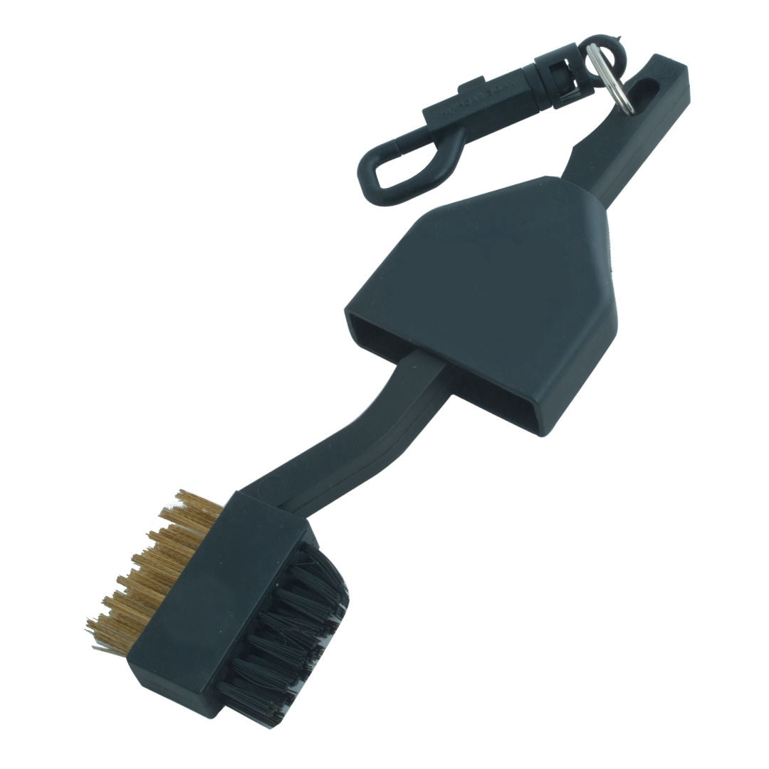 Black Pro Dual Brush Cleaner featuring brass and nylon bristles, a scraper edge, and a clip attachment for convenient portability.