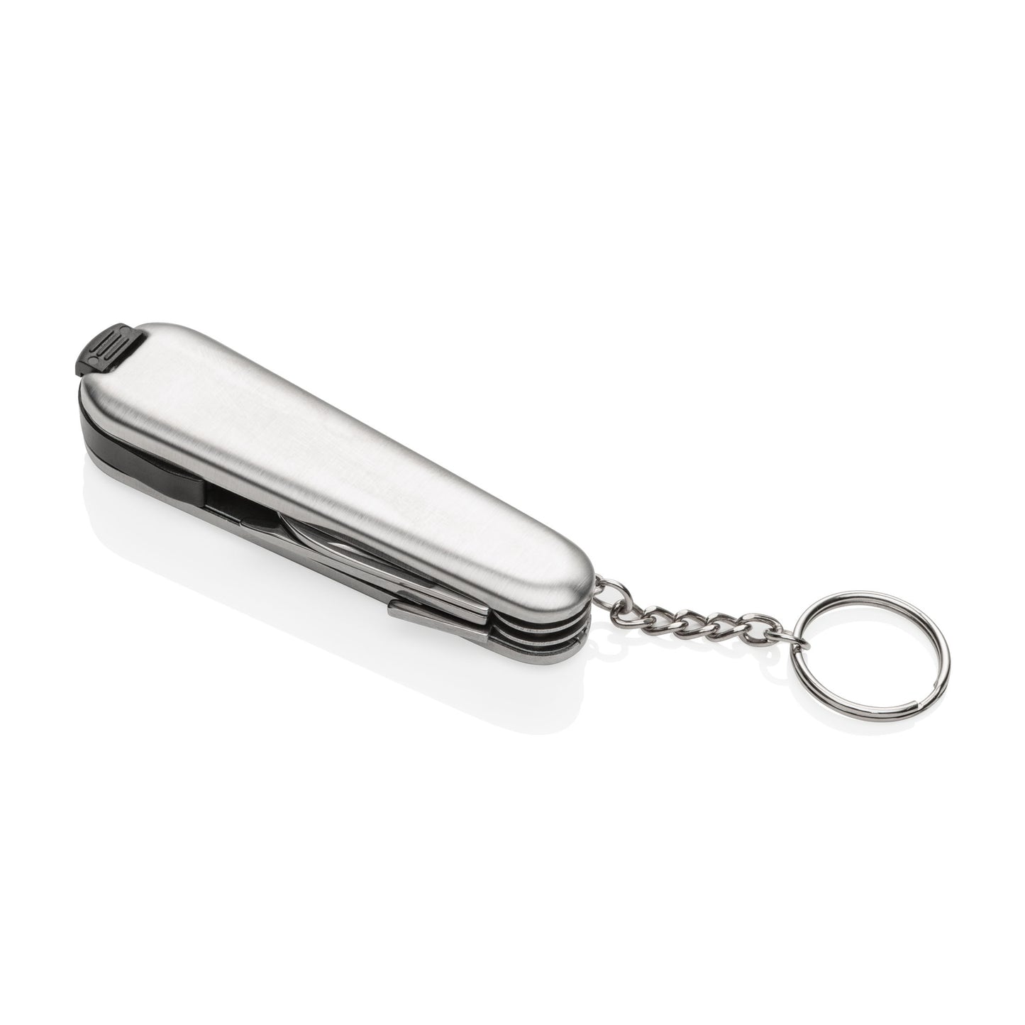 Back view of a closed silver multi-tool with a keychain attachment, showing a sleek brushed metal finish and compact design.