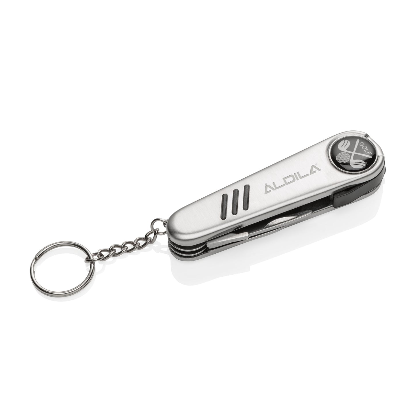 Compact silver golf multi-tool with “ALDILA” branding and a golf-themed emblem, shown closed with an attached keychain ring.