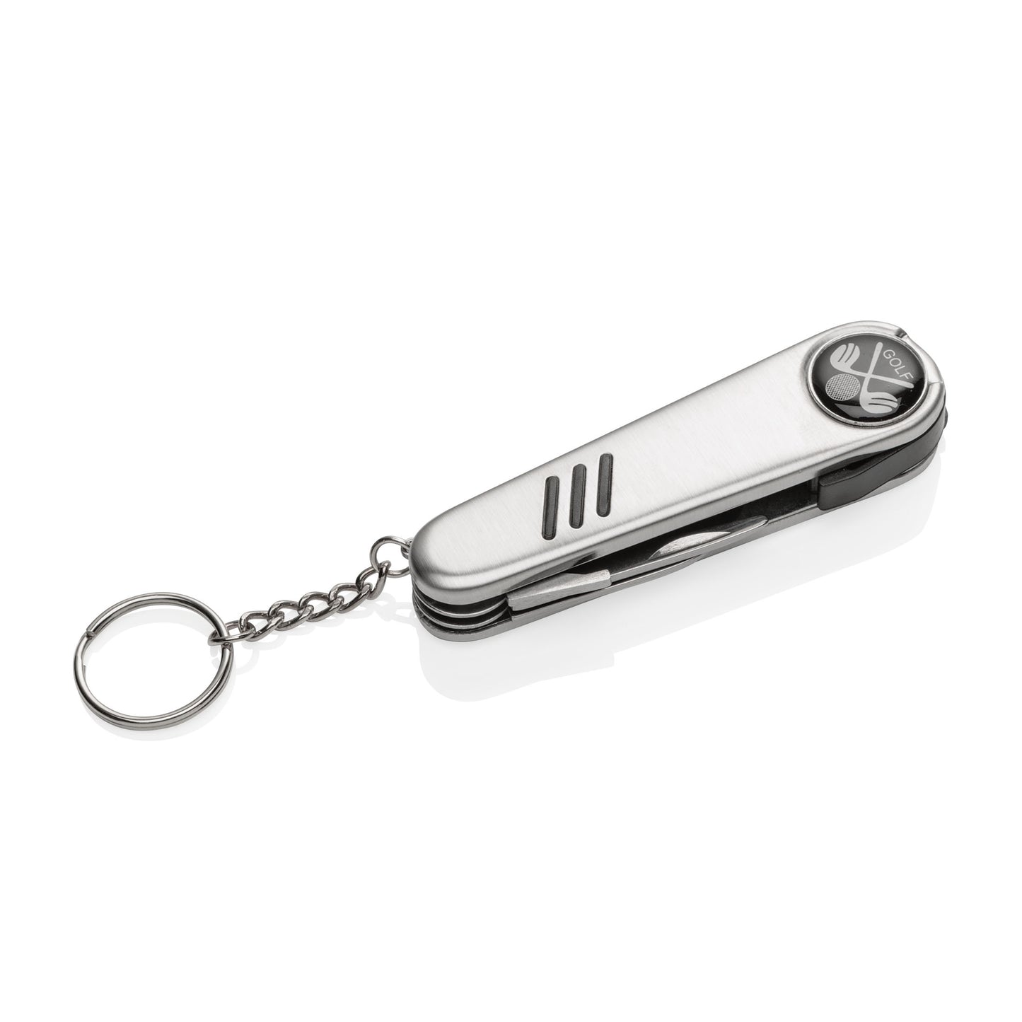 Silver golf multi-tool with a golf-themed emblem, shown in a closed position and attached to a metal keychain.