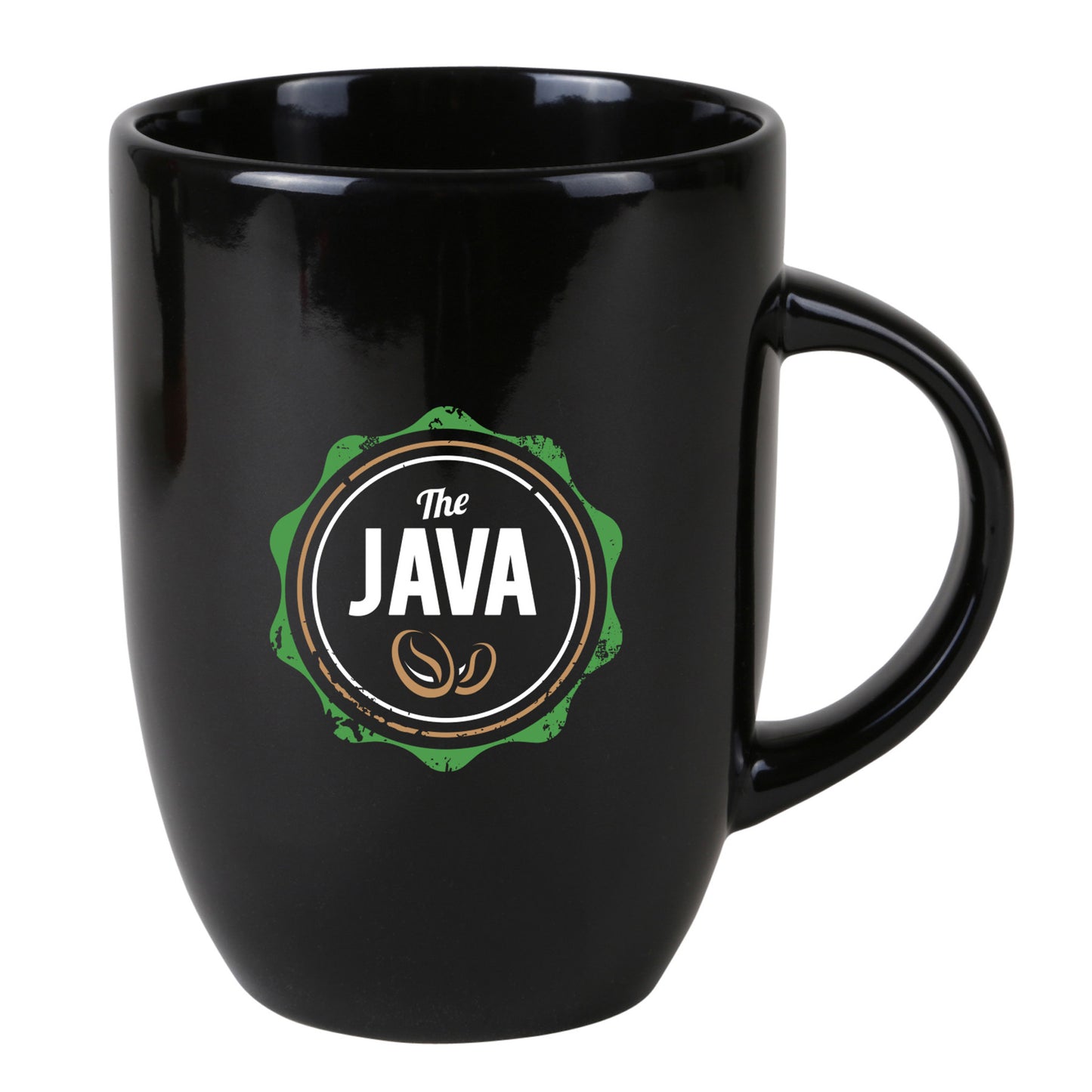 Glossy black ceramic mug featuring a full-color logo on the front
