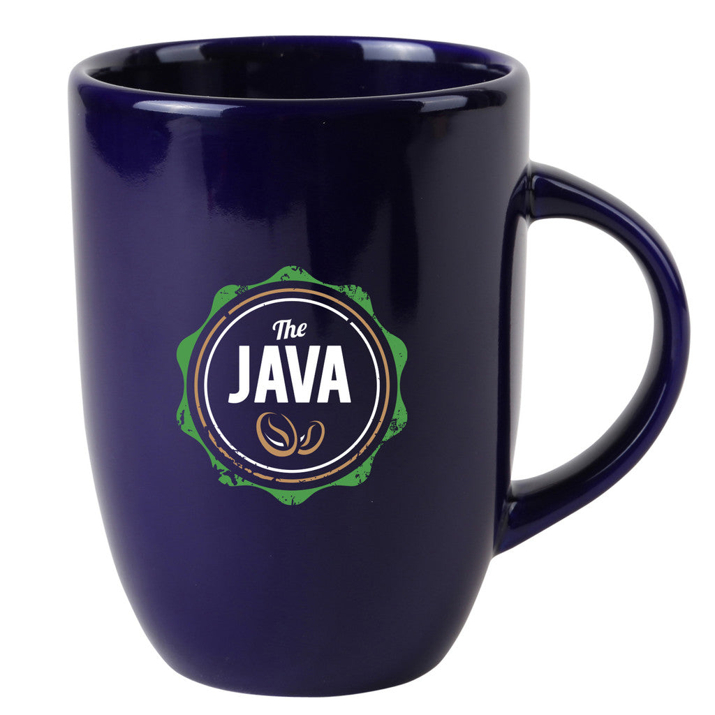 Glossy navy blue ceramic mug featuring a full-color logo on the front