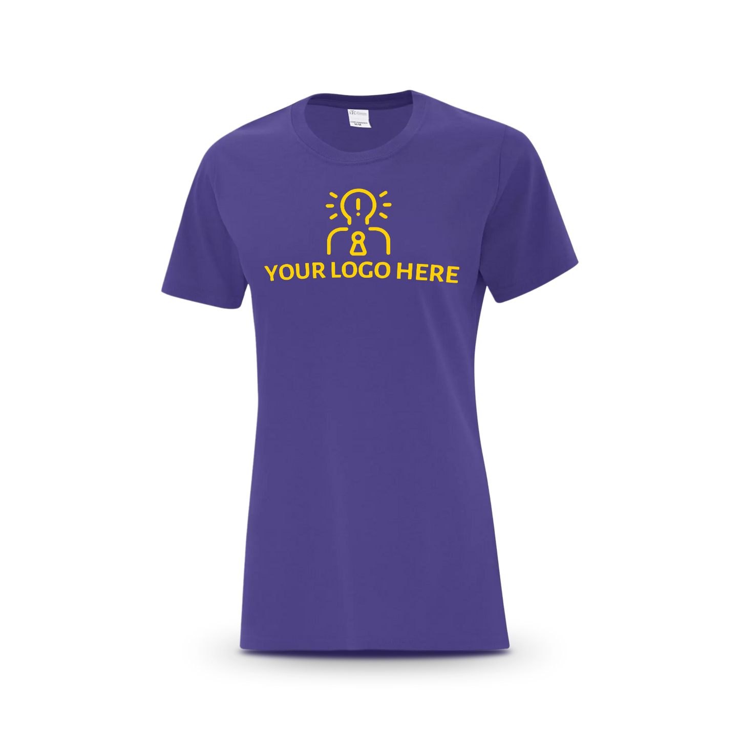Purple women’s T-shirt featuring a magenta placeholder logo