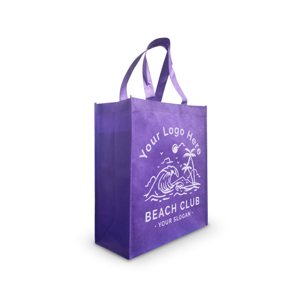 Purple reusable tote bag with beach-themed custom logo design.