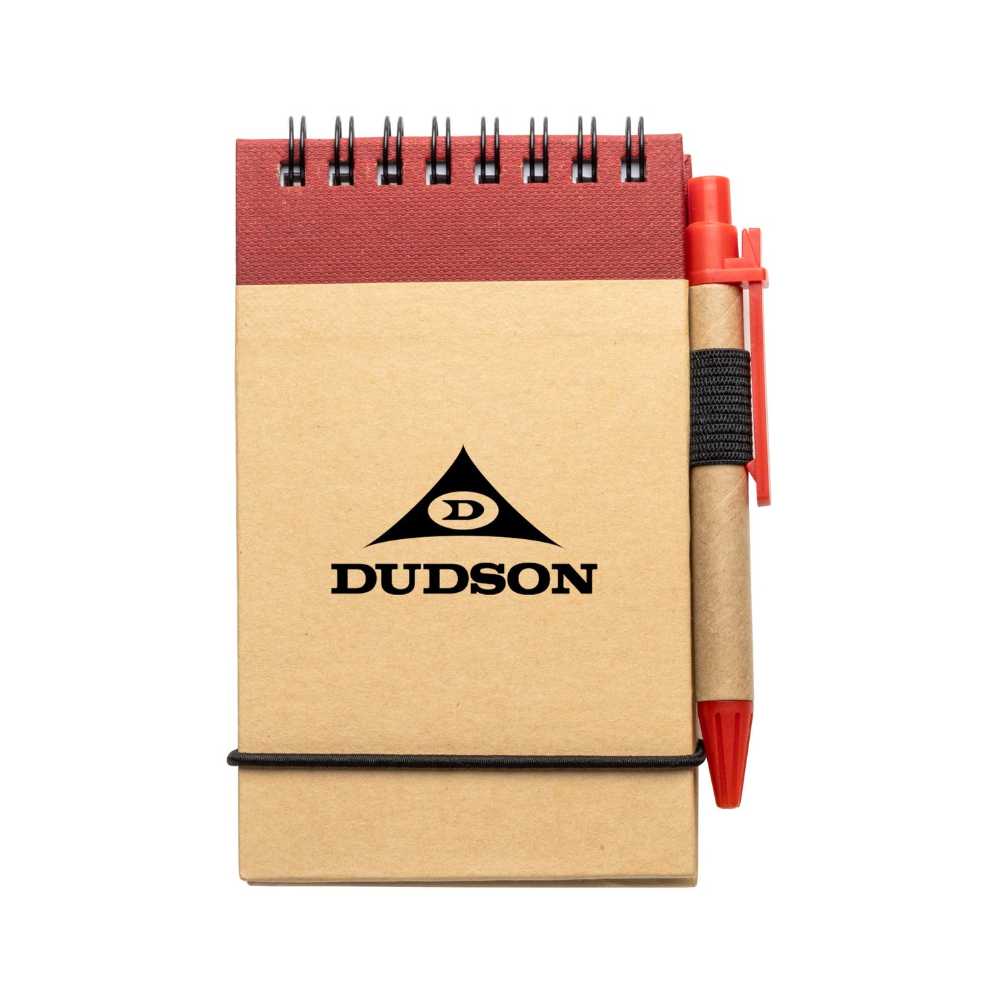Small kraft paper spiral notepad with red elastic closure and matching eco-friendly pen in holder, featuring a logo on the front cover.