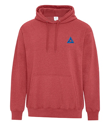 ATC Earth Wash Tourbillon fleece hoodie in red, featuring a front kangaroo pocket, drawstring hood, and a blue triangle logo on the left chest