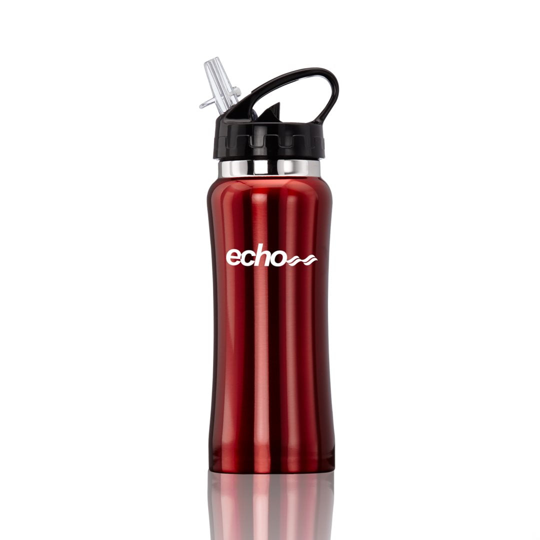 Red stainless steel sports water bottle with a black lid and clear spout, featuring an white logo on the front