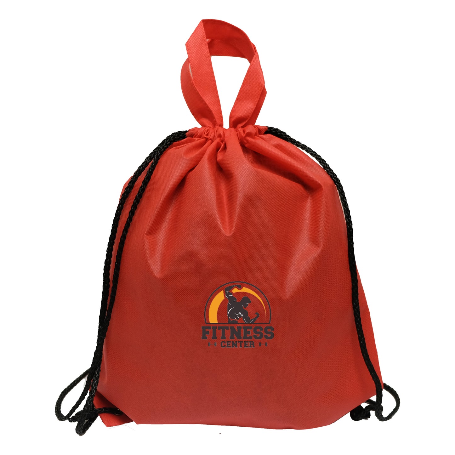 Red drawstring backpack with black cords and a top handle, featuring a printed logo with a weightlifting silhouette in front of a sunset design.