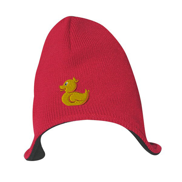 Red helmet-style knit beanie featuring an embroidered yellow duck design on the front center