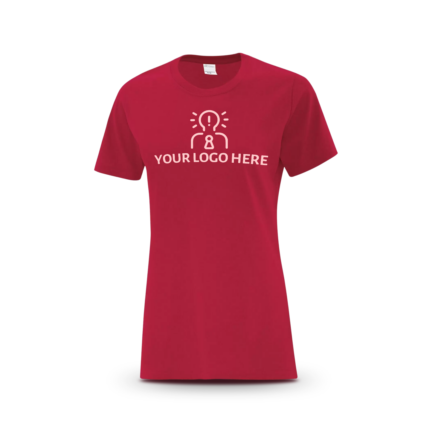 Red women’s T-shirt featuring a magenta placeholder logo