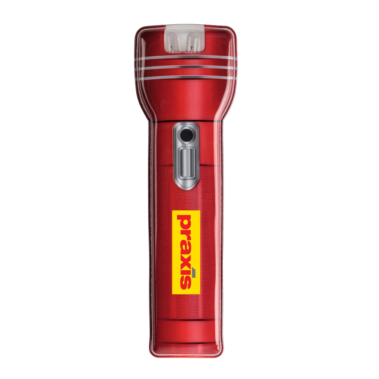 Dalston Magnetic LED Flashlight in matte red with silver power button, featuring a customized logo printed in yellow and red on the handle