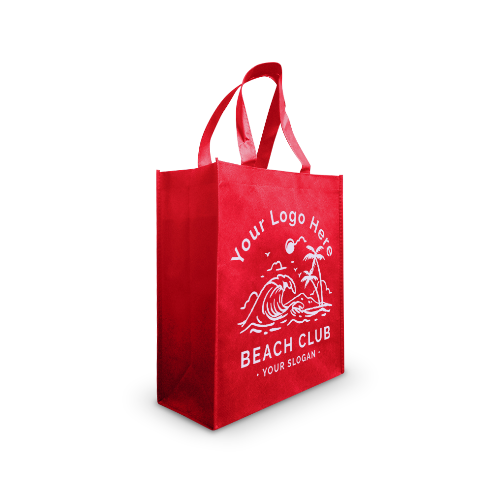 Red reusable tote bag with beach-themed custom logo design.