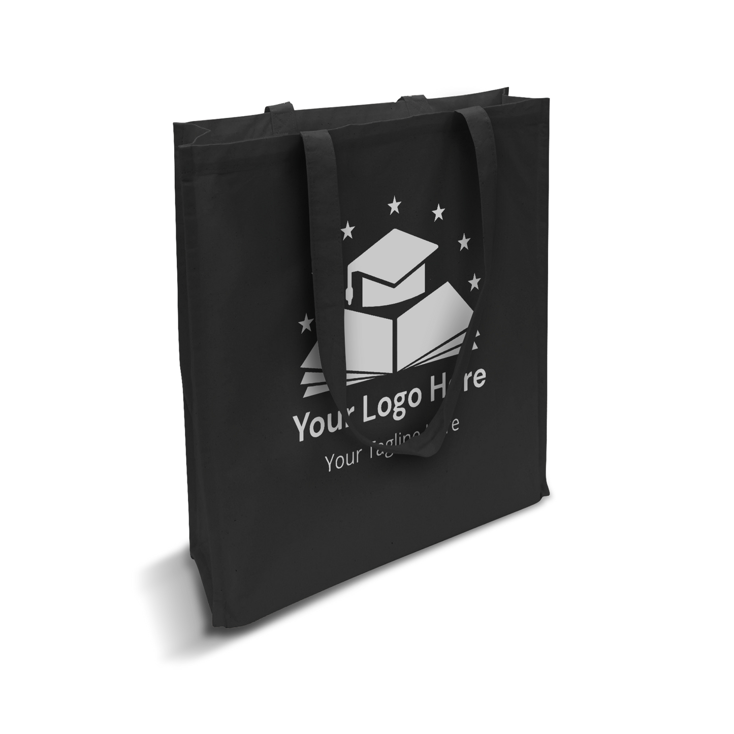 Black canvas tote bag with long handles and gusseted sides for extra storage.