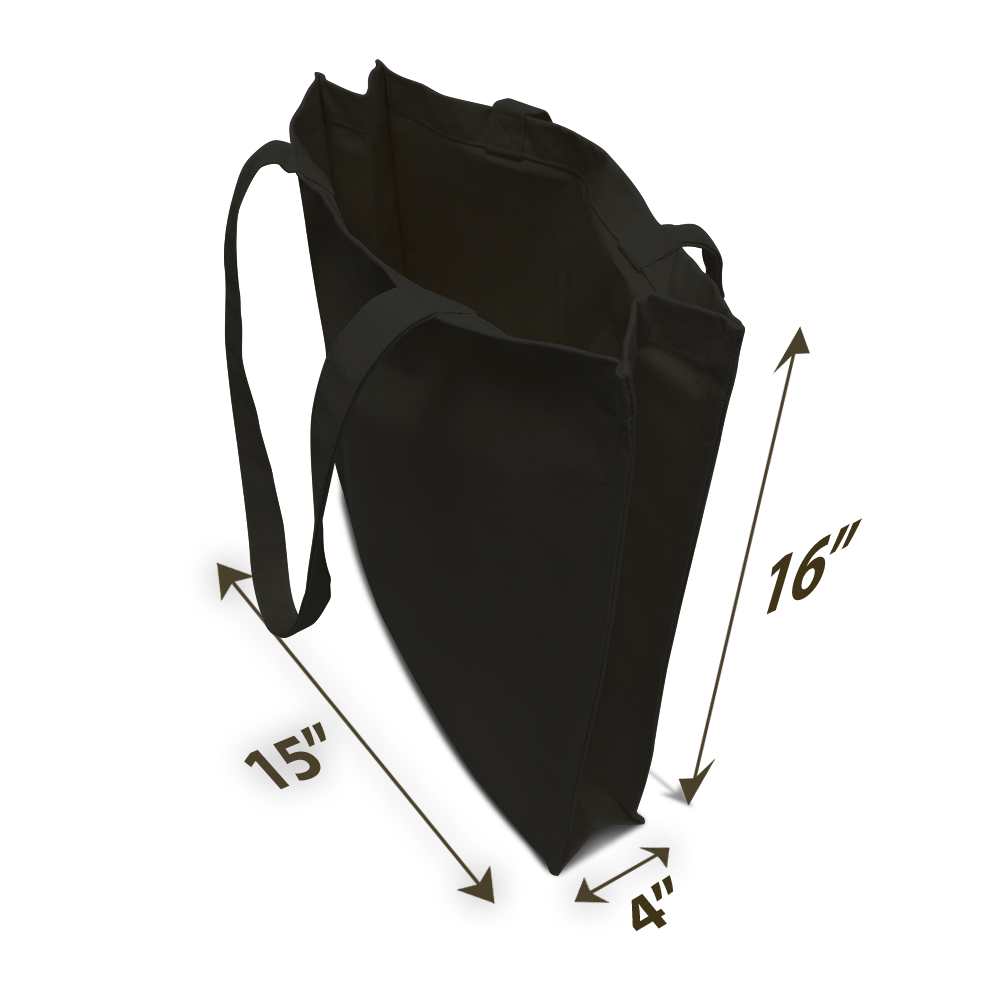 Black canvas tote bag with long straps and spacious gusseted base (15" x 16" x 4").